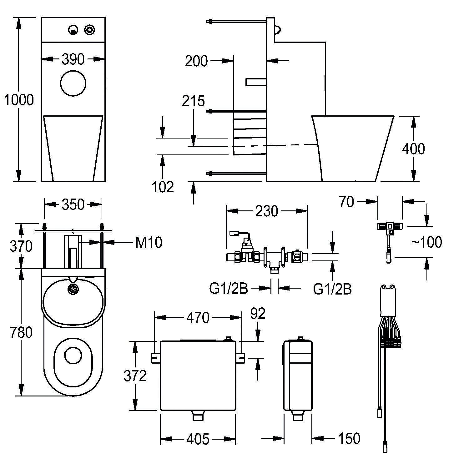 Diagramm mit Abmessungen und Installationsdetails eines Wandhänge-WCs, mit Maßangaben für Höhe, Breite, Tiefe und Anschlüssen.