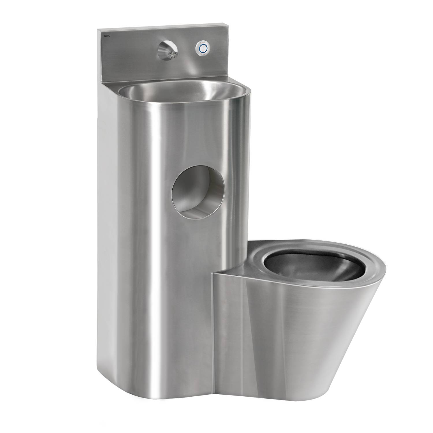 Eine Kombination aus Toilette, Waschbecken und Trinkbrunnen aus rostfreiem Stahl, entwickelt für dauerhafte Nutzung in Sicherheitseinrichtungen.