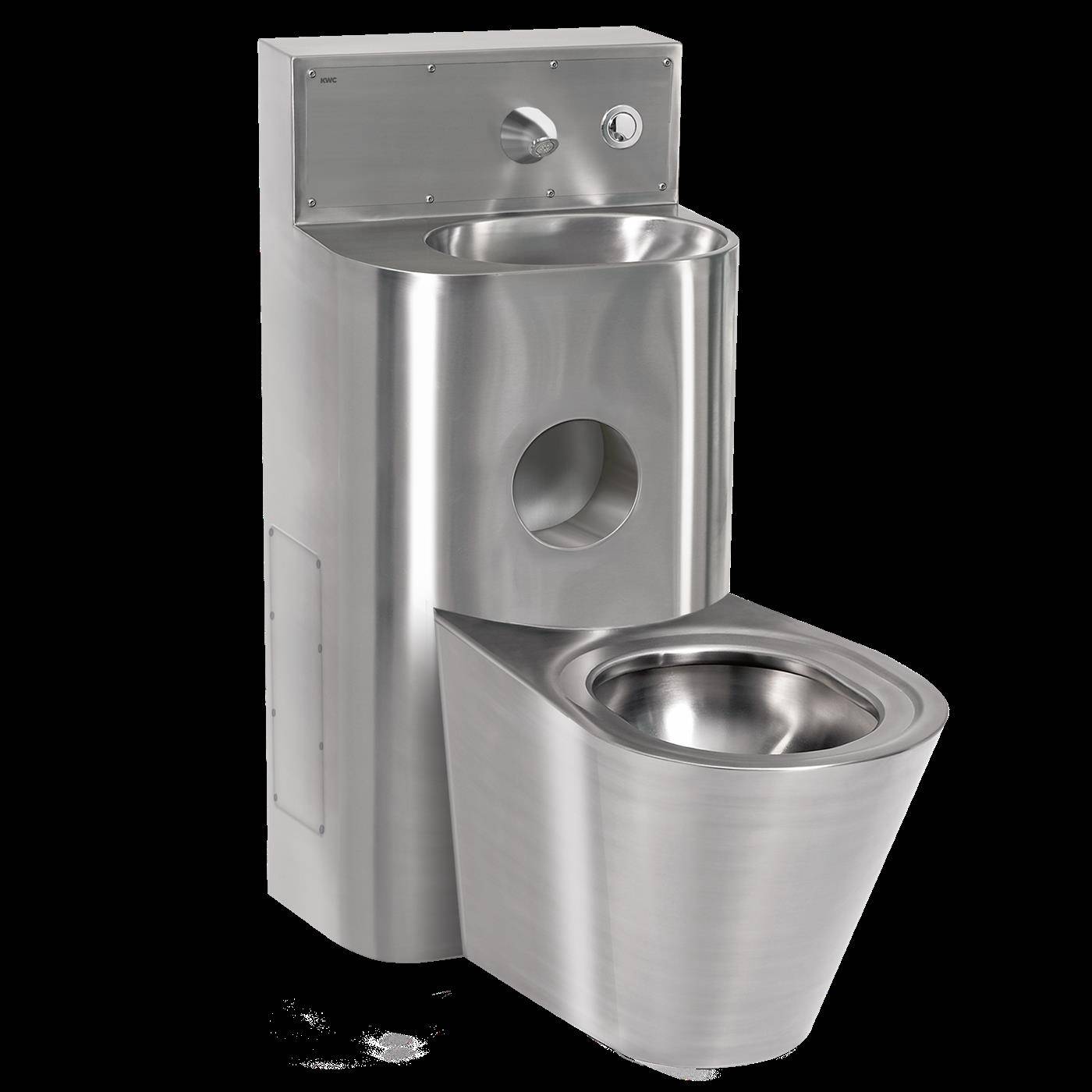 Wandmontierte Edelstahl-Toilette mit integriertem Waschbecken oberhalb der Schüssel, die Handwaschen und Toilettenbenutzung in einer Einheit kombiniert.