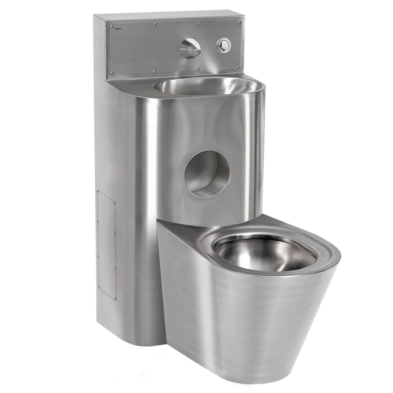Edelstahl-Kombination mit wandmontiertem Waschbecken oben und integrierter Toilette darunter, entwickelt für Langlebigkeit und Effizienz.