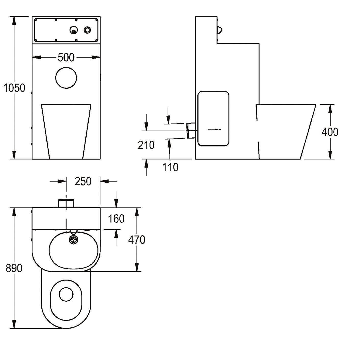 Technische Zeichnung einer Toilette, die Vorder-, Seiten- und Draufsicht mit Abmessungen und Montagemaßen zeigt.