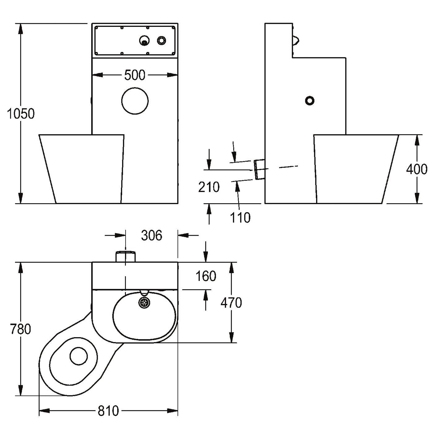 Technische Zeichnung einer Toilette mit Behälter und Seitenansichten, die Abmessungen mit den Bezeichnungen 1050, 500, 400, 780, 810, 306, 210, 160 und 110 zeigen.