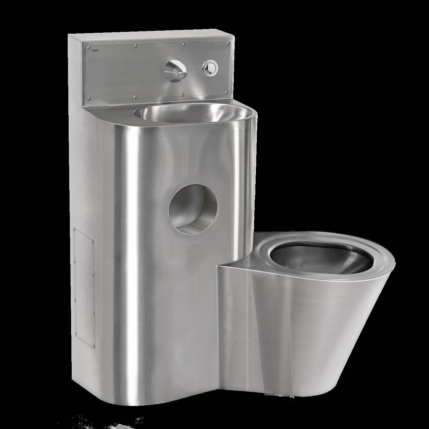 Kombiniertes Edelstahl-Toiletten- und Urinalbecken auf schwarzem Hintergrund, dargestellt als Produktbild.