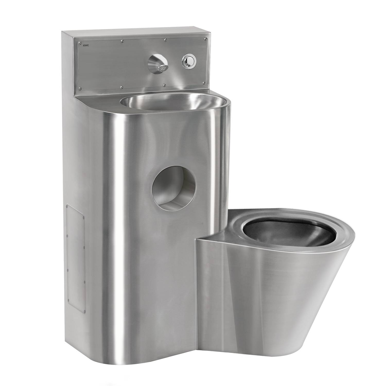 Edelstahl-Kombination aus Waschbecken und Toilette, speziell für institutionelle Zwecke entwickelt, mit kompakter und robuster Bauweise.