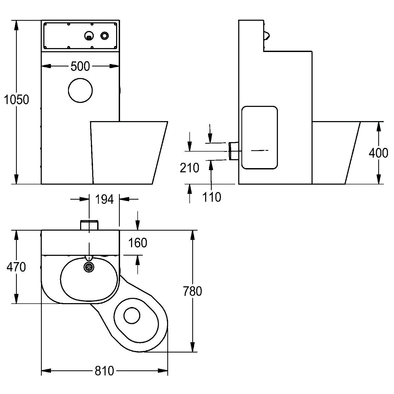 Technische Zeichnung einer Toiletteneinheit mit Abmessungen: Höhe 1050 mm, Breite 500 mm, Tiefe 810 mm. Komponenten: Spülkasten, Toilettenschüssel, Sanitärinstallation.