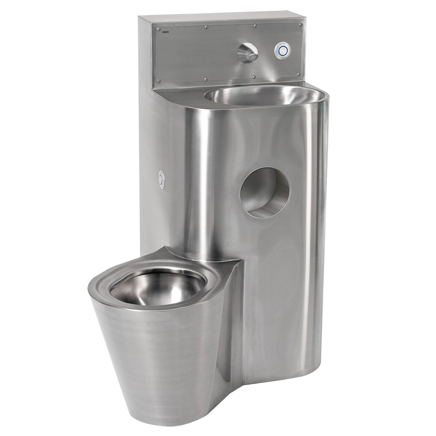 Edelstahl-Kombinationseinheit mit Waschbecken und Toilette, konzipiert für institutionelle oder industrielle Umgebungen vor einem schwarzen Hintergrund.