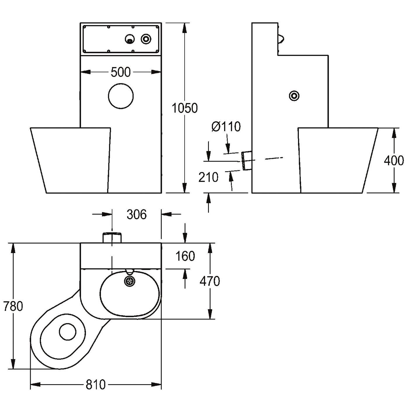 Technische Maßzeichnung einer Toilette mit Seiten- und Draufsicht, die Maße einschließlich 1050, 780, 810, 500, 400 und 306 mm zeigt.