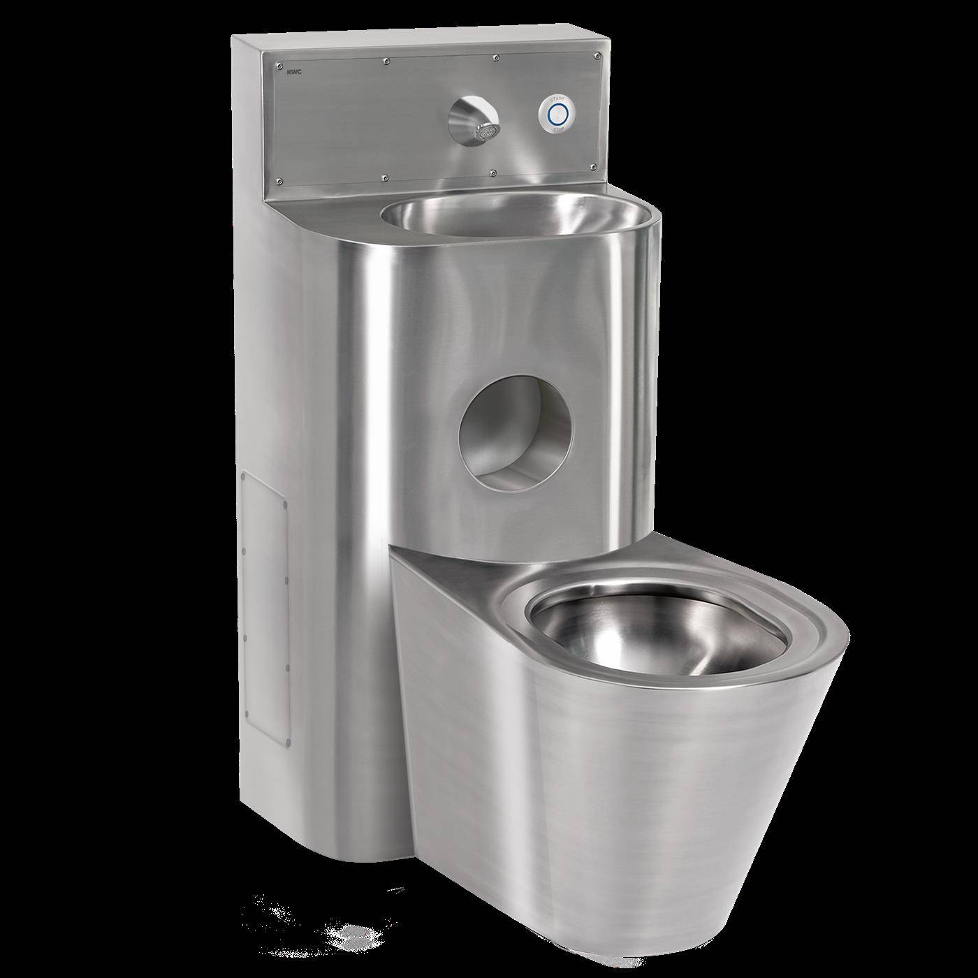 Edelstahltoilette zur Wandmontage mit integriertem Waschbecken und kreisförmiger Seitenöffnung, dargestellt auf schwarzem Hintergrund.