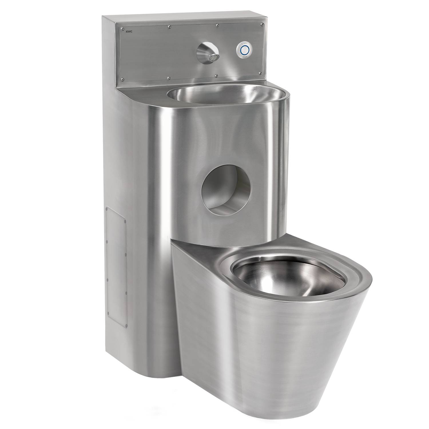Eine Edelstahl-Kombination aus Toilette und Waschbecken, entwickelt für kompakte Räume, mit einem modernen, industriellen Look vor einem schwarzen Hintergrund.