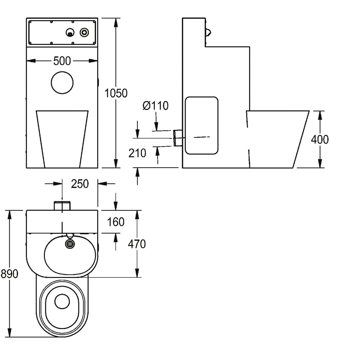 Technische Maßzeichnung einer Toilette, die Front-, Seiten- und Draufsicht mit Abmessungen zeigt, einschließlich 500 mm Breite, 1050 mm Höhe und 890 mm Tiefe.
