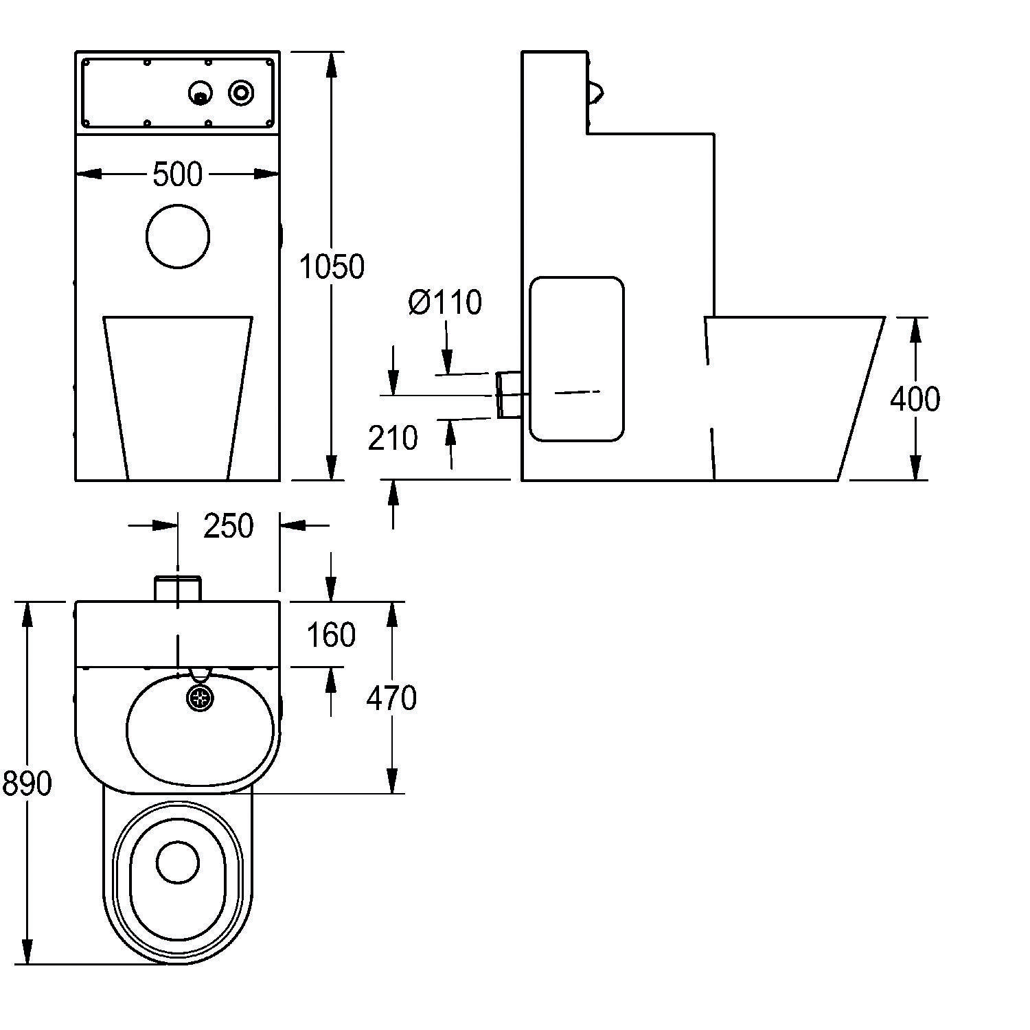 Technische Zeichnung einer Toilette mit Maßen: Höhe 1050 mm, Breite 500 mm, Tiefe 400 mm, Ablaufdimensionen und Wassereinlassdetails.