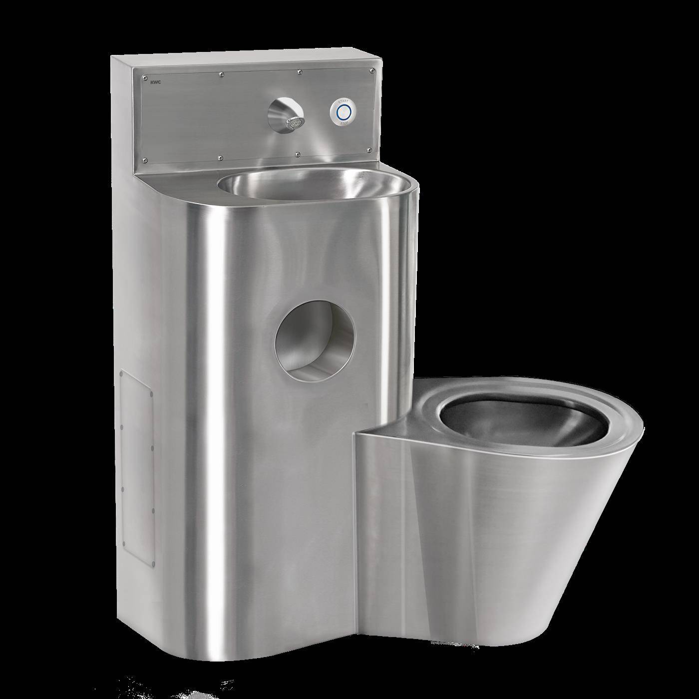 Toilettenarmatur aus Edelstahl für den öffentlichen Bereich mit wandmontiertem Bedienfeld und angebrachter Schüssel, dargestellt vor schwarzem Hintergrund.