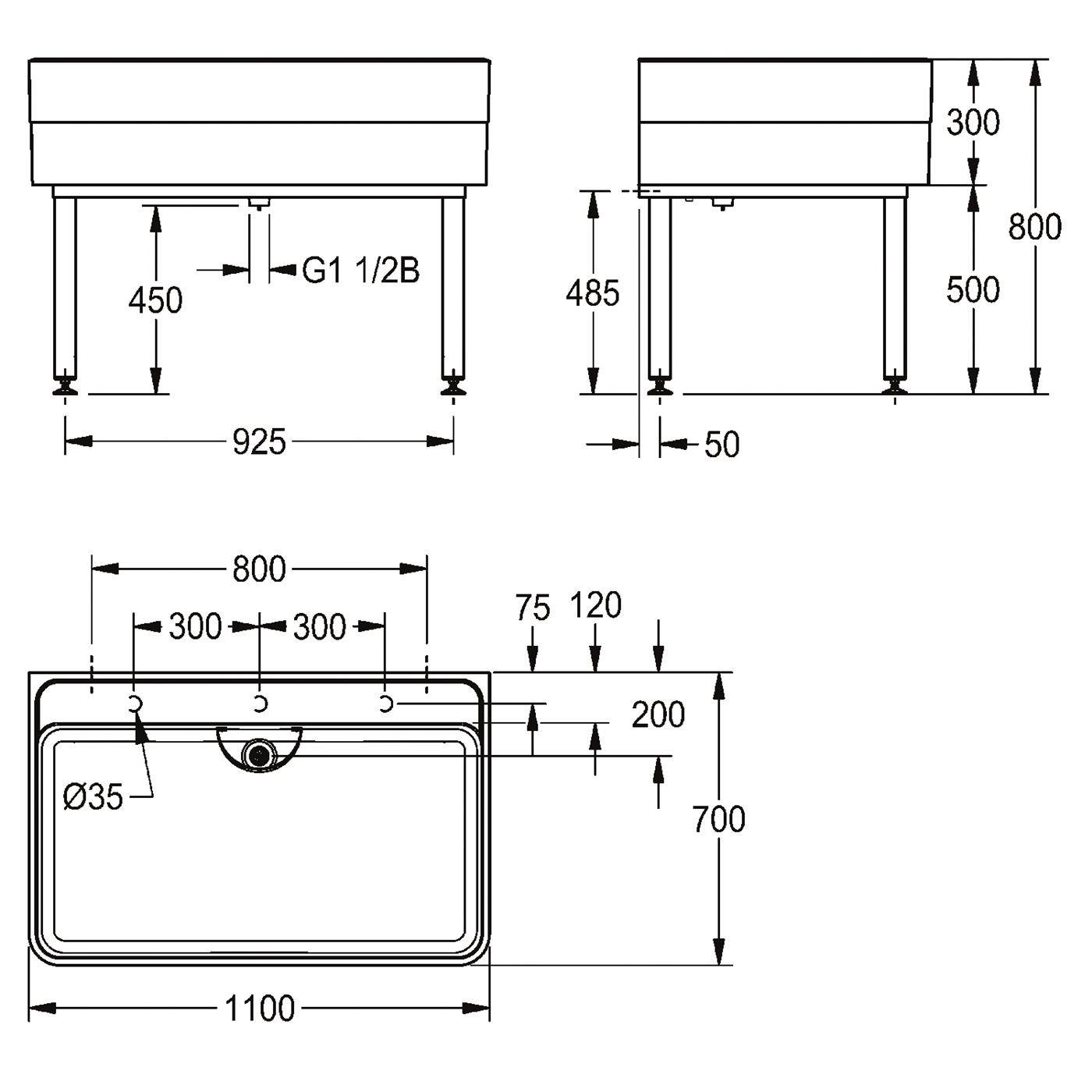 Technische Zeichnung eines rechteckigen Waschbeckens oder Beckens mit Ständer, zeigend Vorder-, Seiten- und Draufsicht mit Abmessungen und Ablaufposition mit der Bezeichnung G1 1/2B.