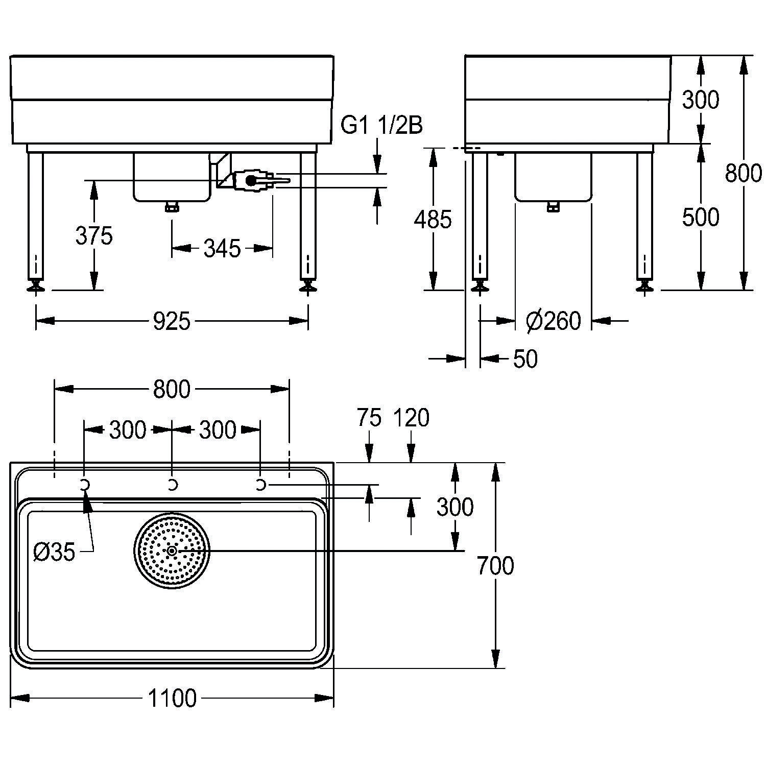 Technische Zeichnung eines Waschbeckens: Abmessungen umfassen Breite 1100 mm, Tiefe 700 mm, Beckenhöhe 300 mm, Ablaufdurchmesser Ø 35 mm und Gesamthöhe 800 mm.