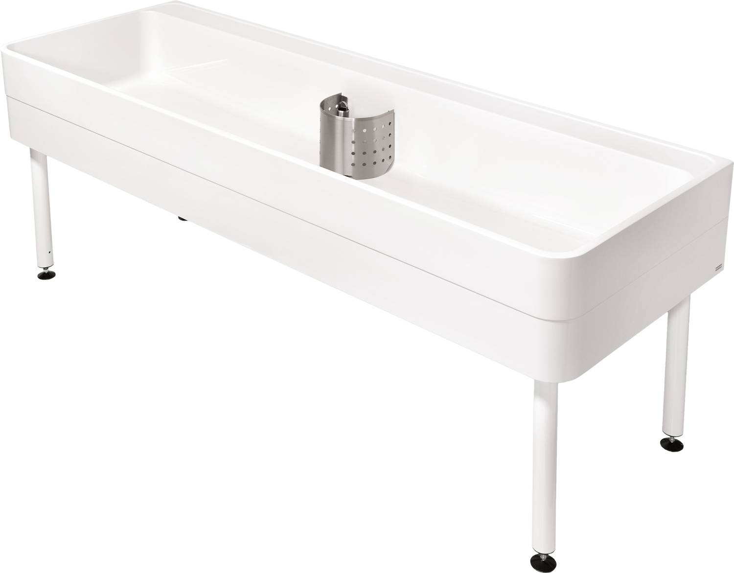 Ein langer, moderner, rechteckiger weißer Waschbecken mit einem einzelnen Wasserhahn und einem schlanken, minimalistischen Design.