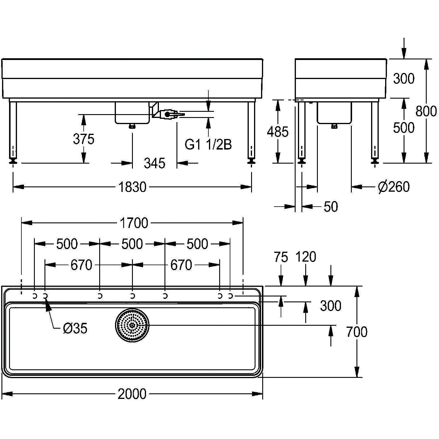 Technische Zeichnung eines Aufsatzbeckens mit Vorder- und Seitenansicht und detaillierten Maßangaben: Breite 2000 mm, Tiefe 500 mm, Höhe 800 mm.