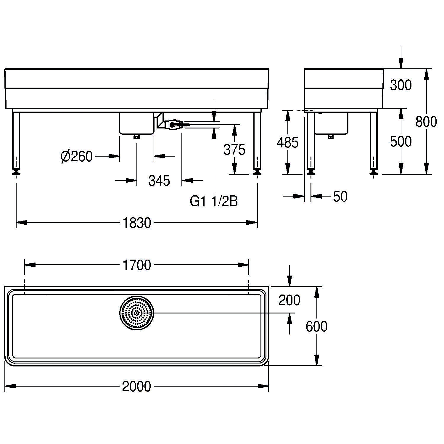 Durchlaufrinne Waschbecken Layoutdiagramm mit Abmessungen: Breite 2000mm, Tiefe 600mm, Höhe 300mm. Mittige Ablaufbohrung markiert mit Ø260mm. Montiert in 800mm Höhe.
