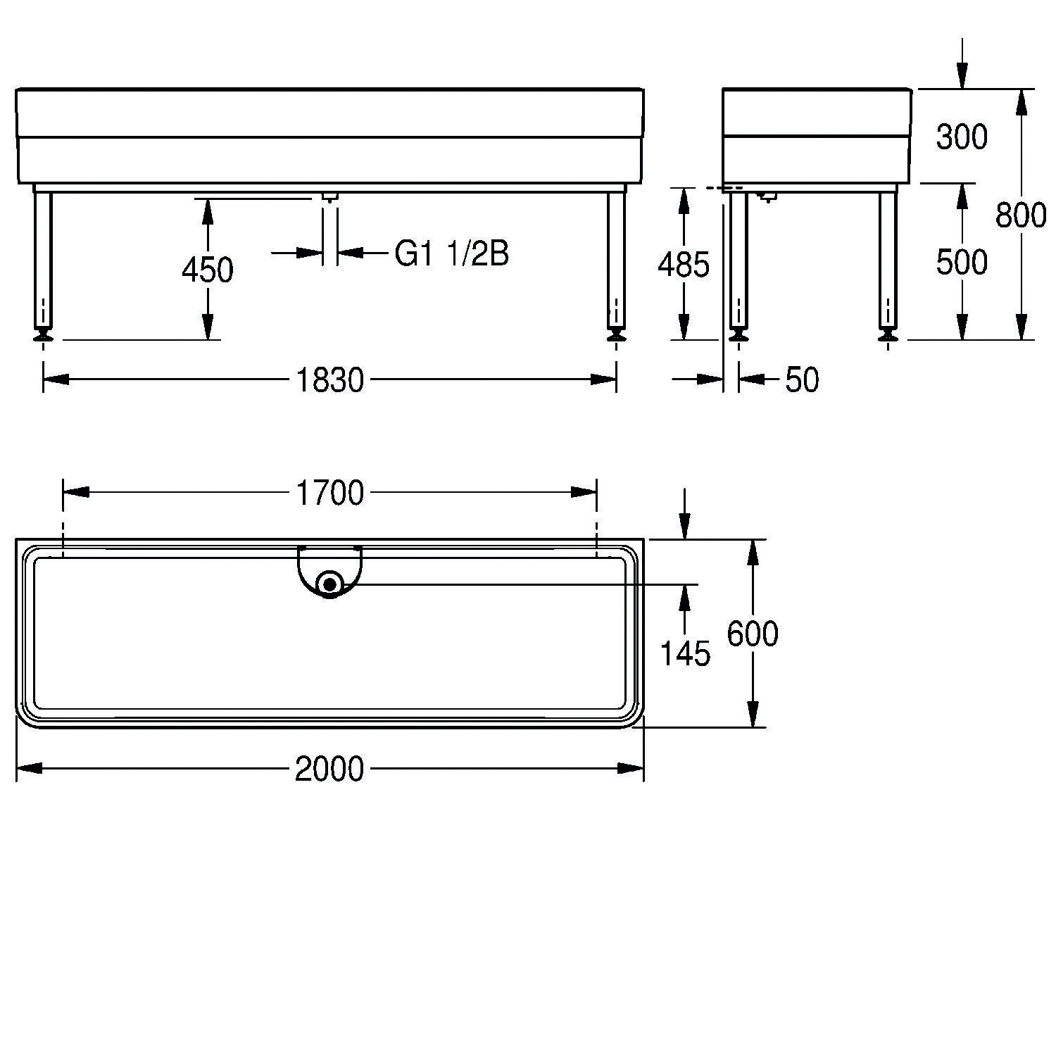 Technische Zeichnung mit zwei Seitenansichten und einer Draufsicht einer Waschbeckeninstallation mit Beschriftungen für Abmessungen und Positionierung.