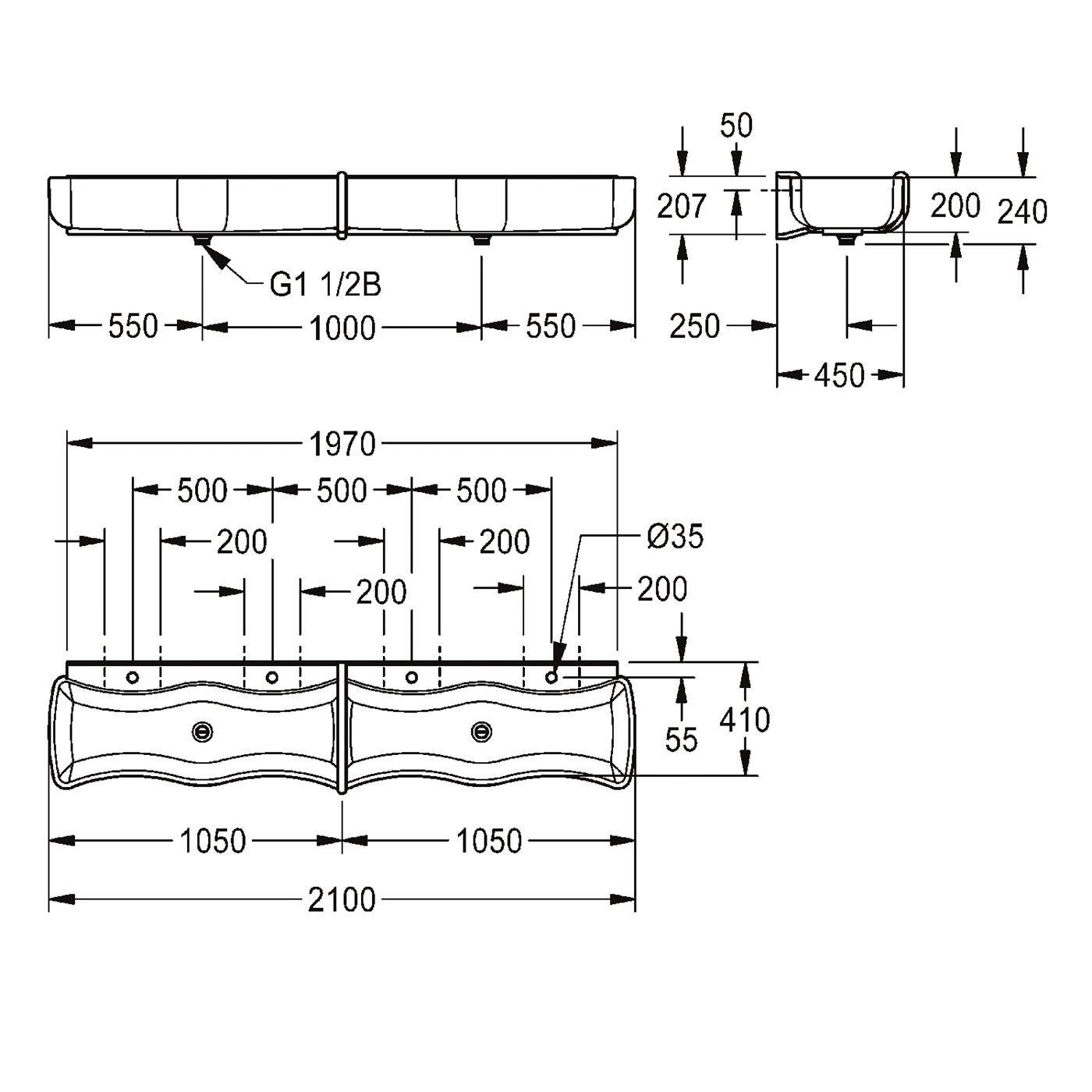 Technische Maßstabzeichnung eines Doppelwaschbeckens mit Vorder- und Seitenansicht, zeigt Gesamtgröße 2100 x 550 mm und beschriftete Rohrleitungs- und Bohrungspositionen.