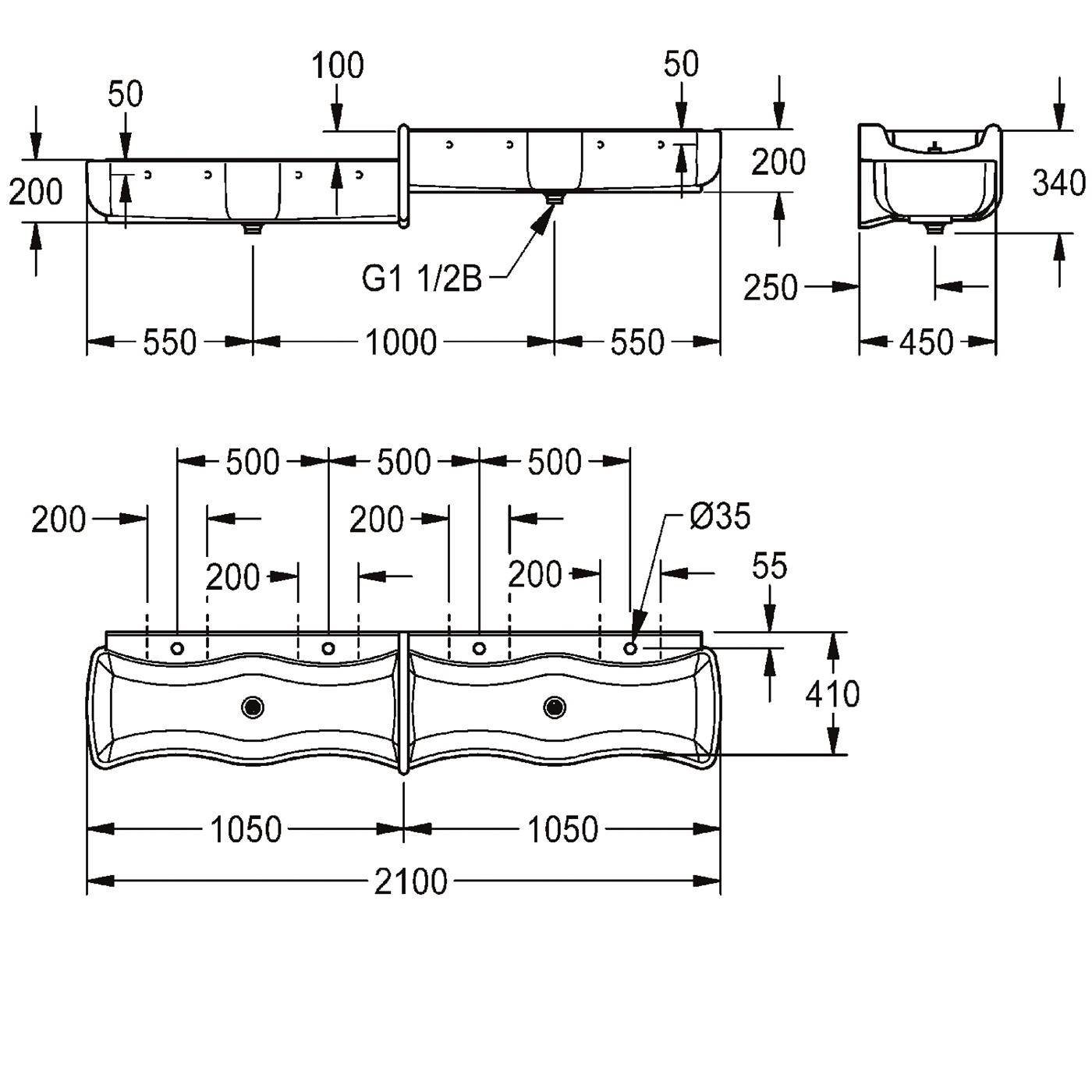 Technische Zeichnung einer Doppelbecken-Spüle/Waschtischanlage mit Vorder-, Drauf- und Seitenansichten, zeigend Abmessungen wie 2100 mm Breite, 410 mm Tiefe und 340 mm Höhe, plus Ablauf- und Armaturenpositionen.