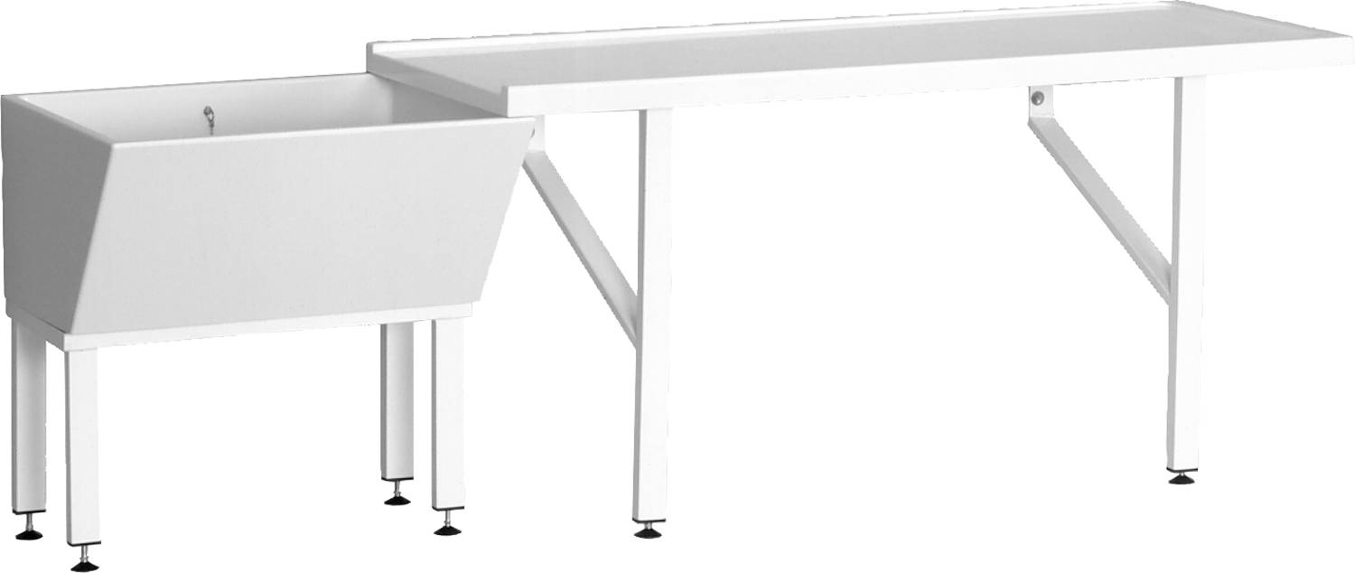 Weiße Bank mit Waschbecken auf schwarzem Hintergrund, gestützt von Metallfüßen. Das Waschbecken ist in die Bank integriert für ein stromlinienförmiges Design.