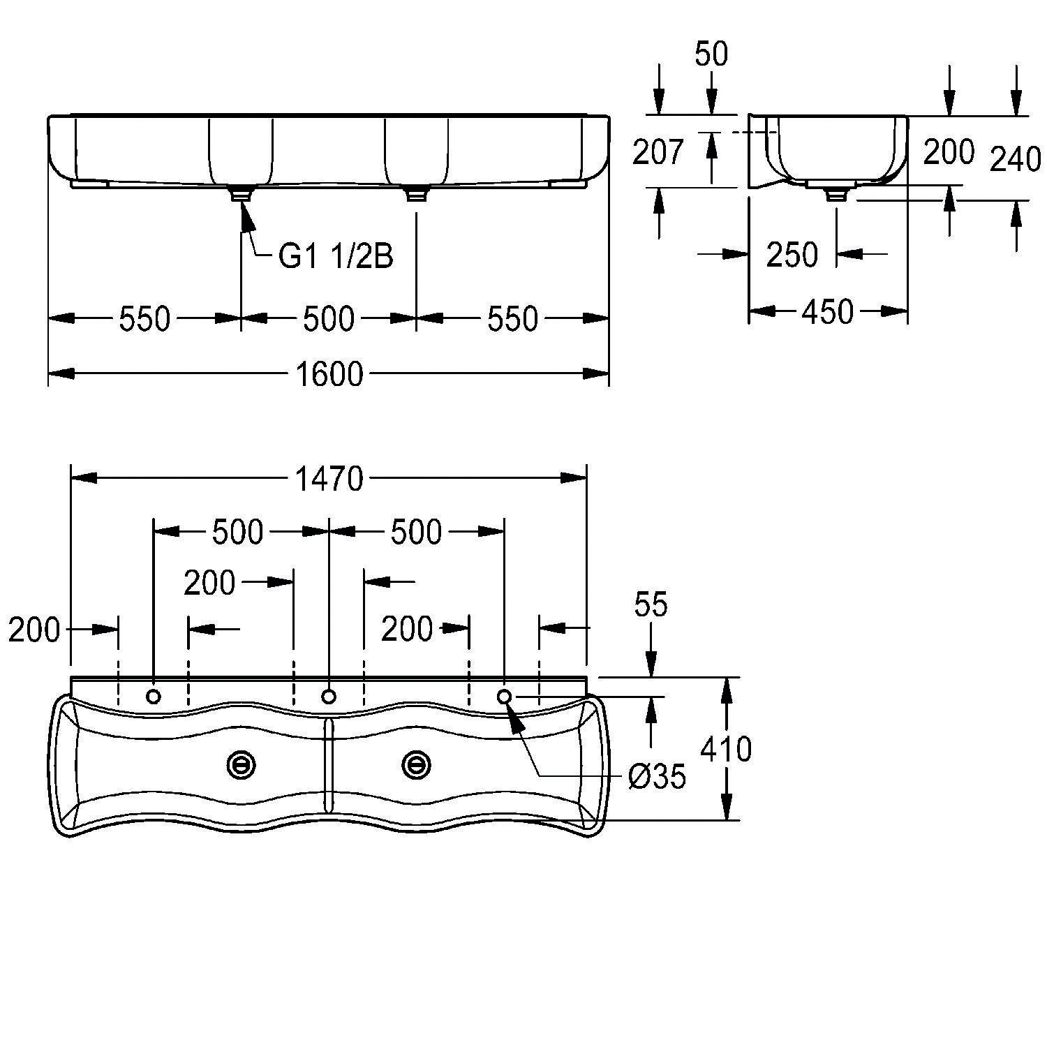 Technische Zeichnung eines Doppelwaschbeckens mit Maßangaben in Millimetern. Ausgestattet mit zwei Becken, gekennzeichnet als G1 1/2B, jeweils 550 mm breit und insgesamt 1600 mm breit.
