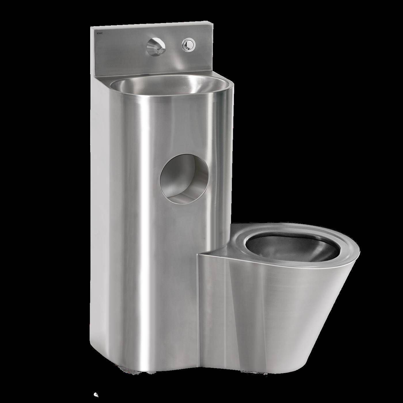 Edelstahl-Wandmontage-Spülbecken mit zylindrischem Becken und seitlich montierter Toilettenschüssel-ähnlicher Armatur, gezeigt auf schwarzem Hintergrund.