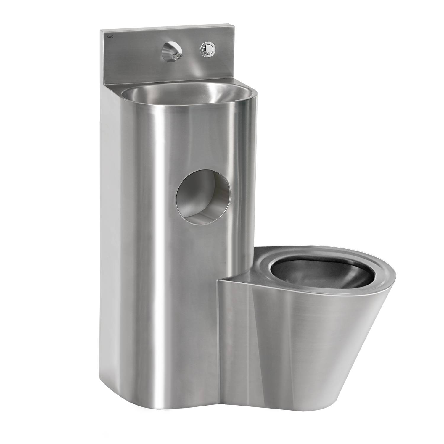 Edelstahl-Kombination aus Toilette und Waschbecken mit integrierter Armatur und Sanitärinstallation, konzipiert für institutionelle Einrichtungen.