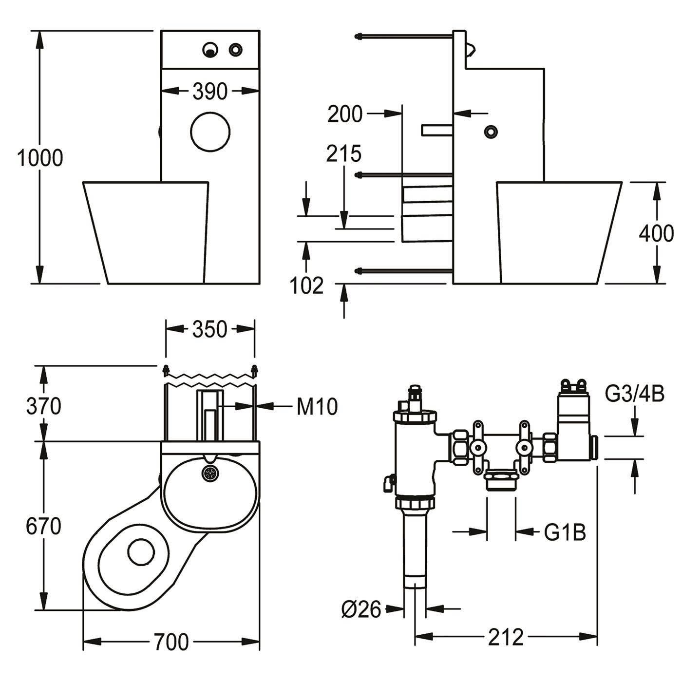 Technische Zeichnung einer Maschine mit vier Ansichten und Abmessungen, die die Gesamthöhe 1000, Breite 700 und Rohrverschraubungen mit den Bezeichnungen M10, G3/4B, G1B und Ø26 zeigen.