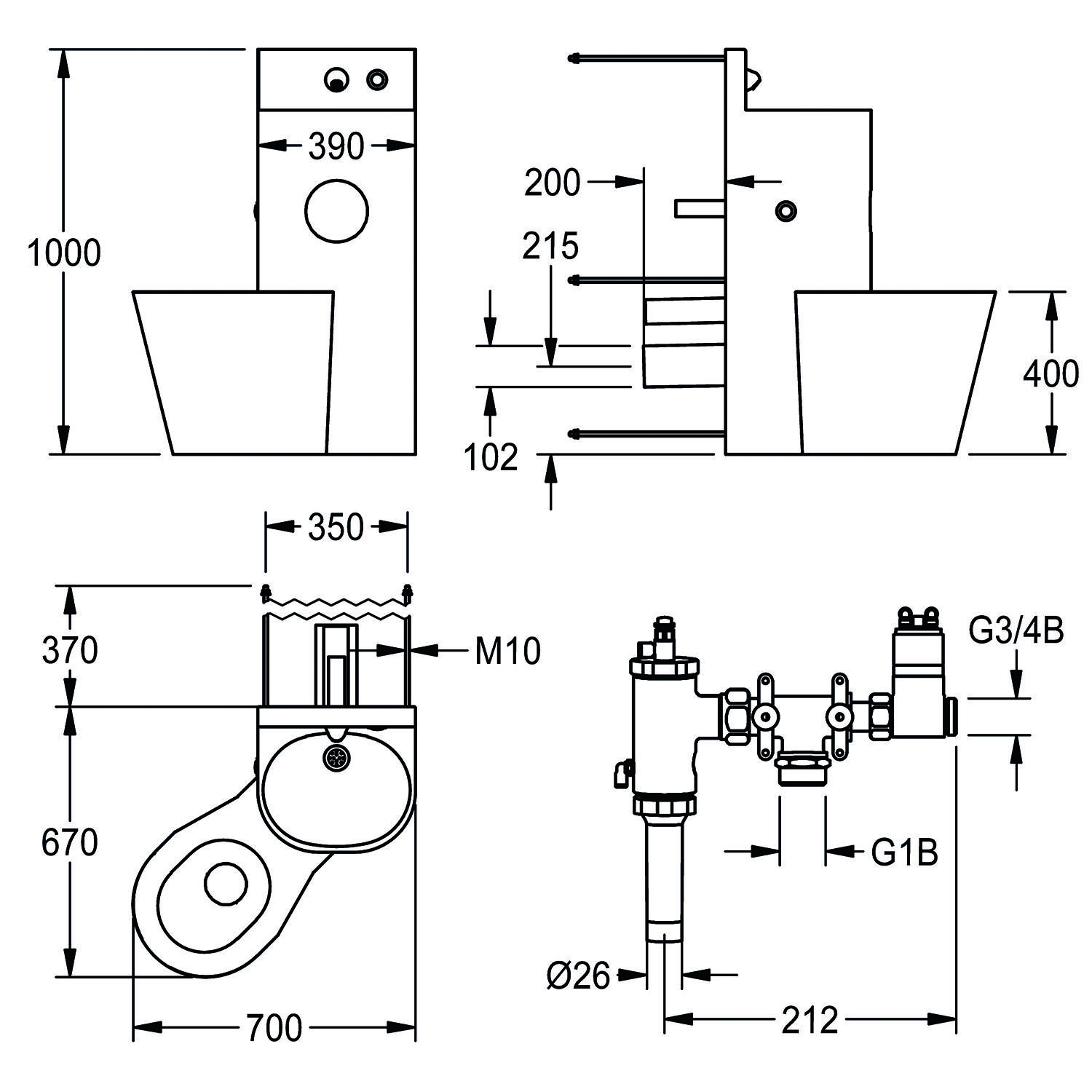 Technische Zeichnung eines Toilettensystems mit Abmessungen; Höhe 1000 mm, Breite 700 mm und Tiefe 670 mm. Ventilgröße und -platzierung ebenfalls dargestellt.