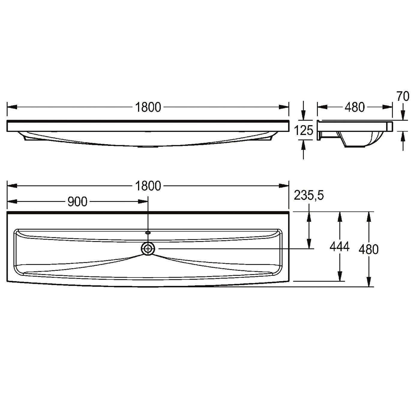 Technische Zeichnung eines rechteckigen Waschbeckens mit Draufsicht und Seitenansicht mit Abmessungen: 1800 mm breit, 480 mm tief, 125 mm hoch und Mittenmessungen.