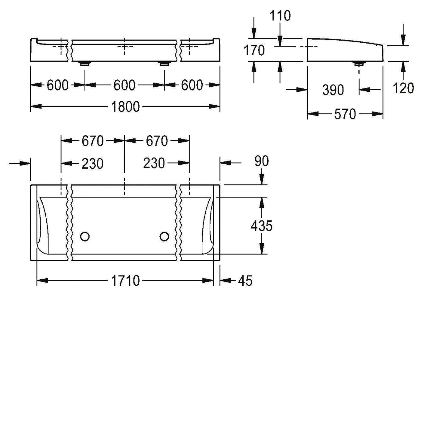 Technische Maßstabszeichnung einer rechteckigen Vorrichtung, mit Draufsicht, Seitenansicht und Vorderansicht mit Abmessungen von 1800, 1710, 570, 435, 390 und 120 mm.