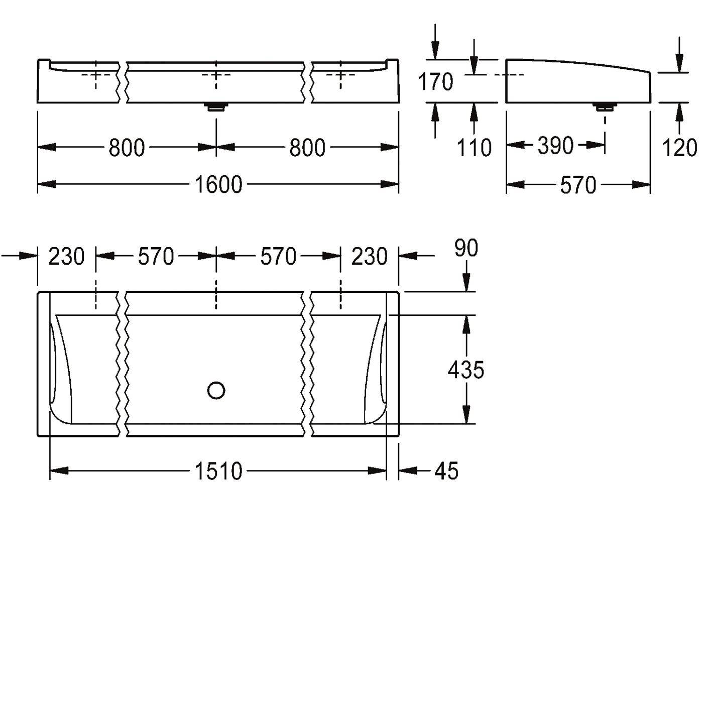 Technische Maßzeichnung einer rechteckigen Badewanne mit Draufsicht, Seitenansicht und Vorderansicht mit Abmessungen 1600 x 435 mm und detaillierten Schnittabmessungen.