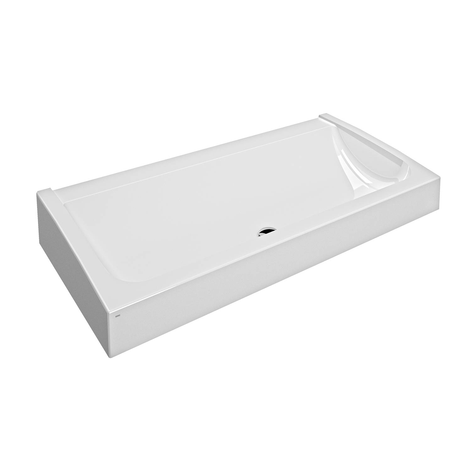Eine weiße rechteckige Badewanne vor einem schwarzen Hintergrund, mit einem leicht erhöhten Rand und einem zentralen Ablauf.