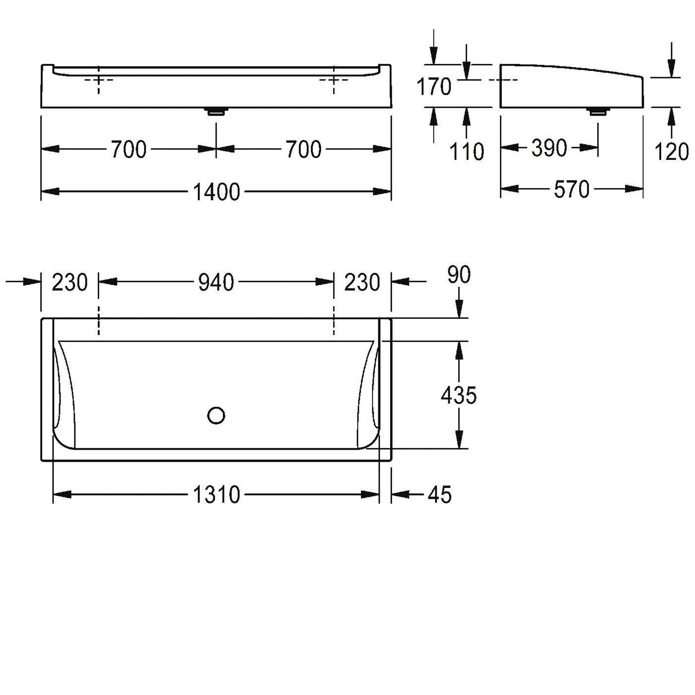 Technische Zeichnung einer rechteckigen Badewanne mit Draufsicht, Seitenansicht und Vorderansicht sowie Abmessungen, einschließlich 1400 mm Länge, 700 mm Breite und 435 mm Höhe.