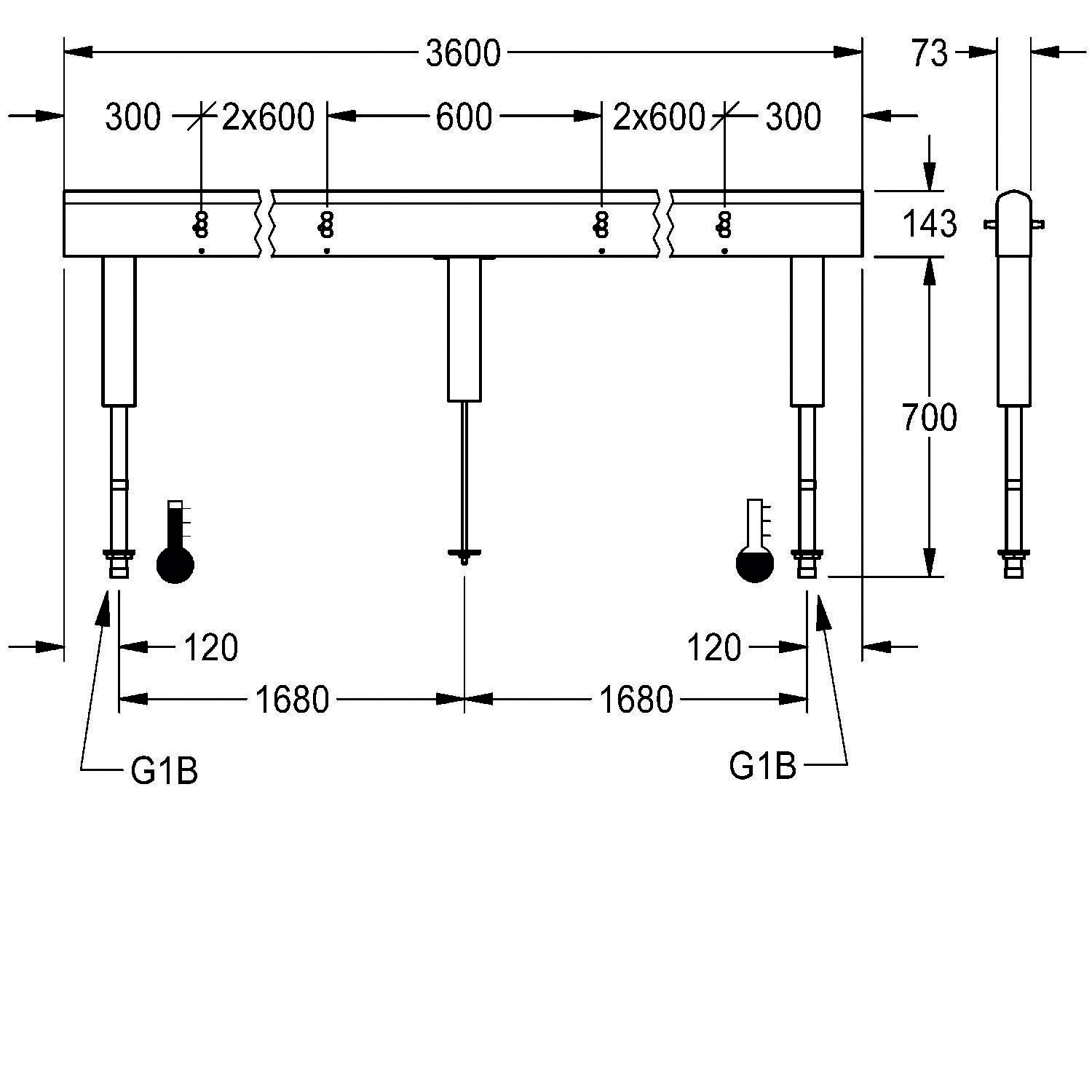 Technische Zeichnung eines Tisches mit Abmessungen: Länge 3600 mm, Breite 1200 mm. Beinhaltet detaillierte Beinpositionierung und Höhe von 700 mm.