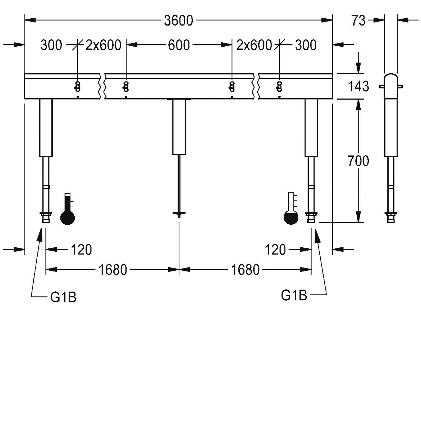 Technisches Sanitärschema einer 3600 mm breiten Armatur mit drei Befestigungspunkten und Seitenmessungen für Rohr-/Ventilplatzierung, einschließlich G1B-Beschriftungen und 700 mm Höhe.