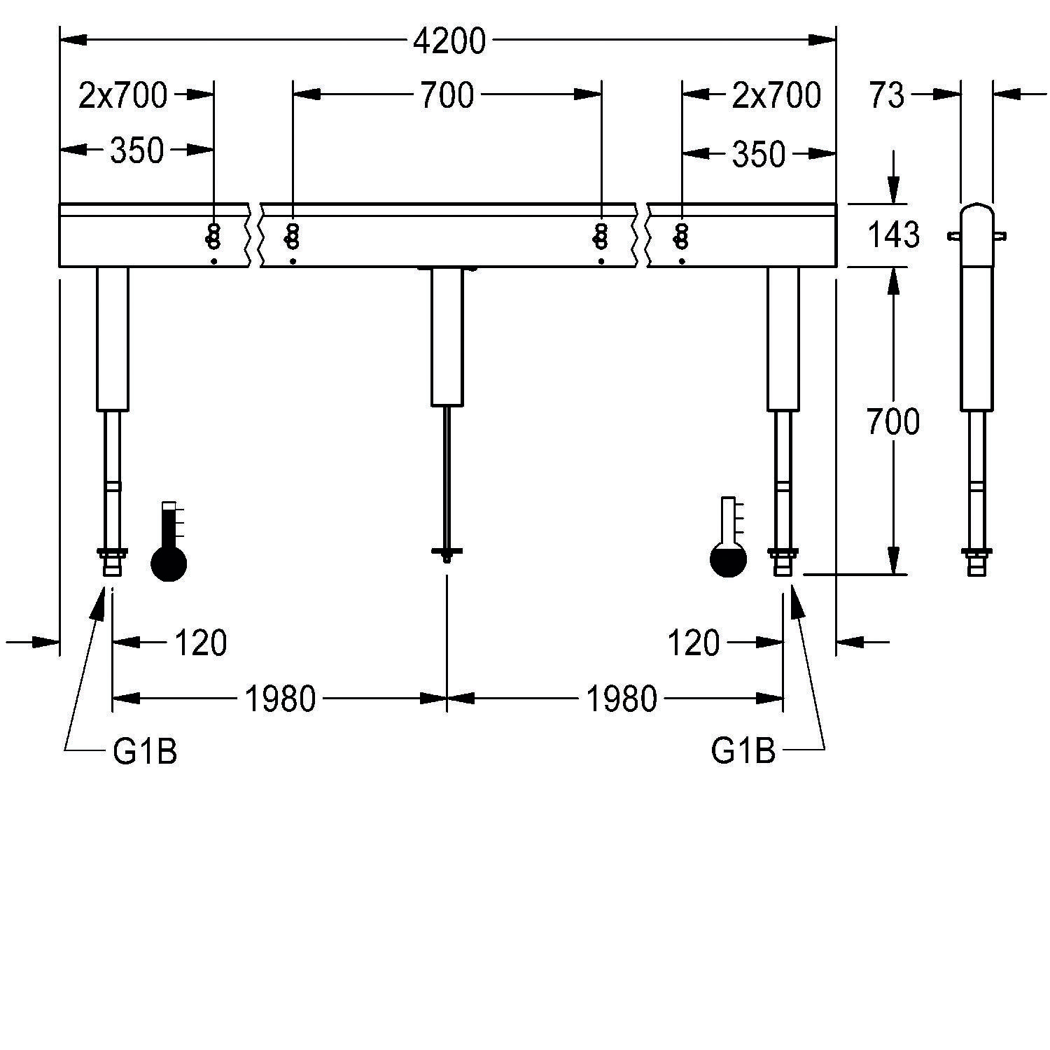 Eine technische Zeichnung einer Werkbank mit vier Beinen. Maße umfassen eine Breite von 4200 mm, eine Höhe von 700 mm und einen Beinabstand von 1980 mm.