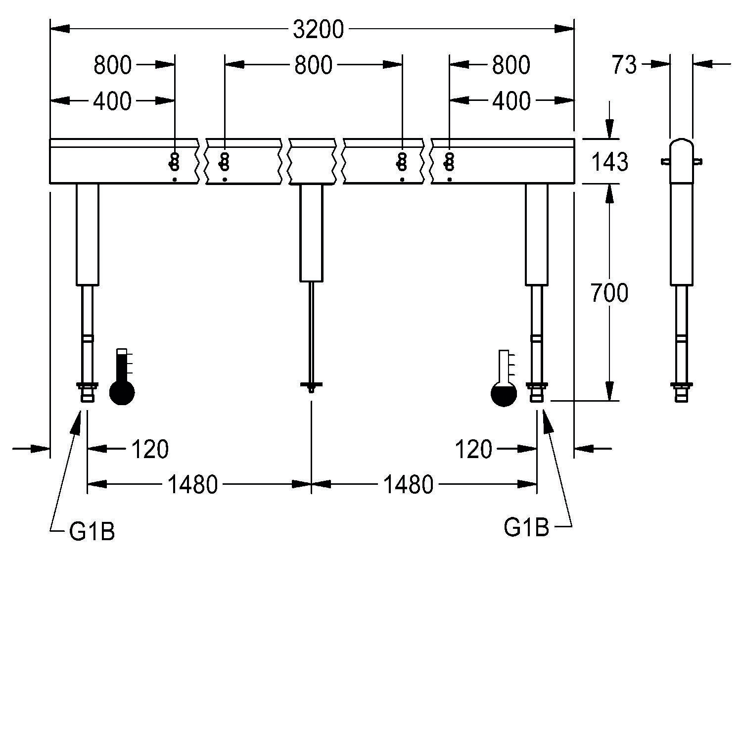 Technische Zeichnung eines Tisches mit Abmessungen: Gesamtbreite 3200 mm, Tiefe 800 mm, Oberflächen-Höhe 73 mm, Gesamthöhe 916 mm, zwei Beine 1480 mm voneinander entfernt. Enthält drei Stützstangen.