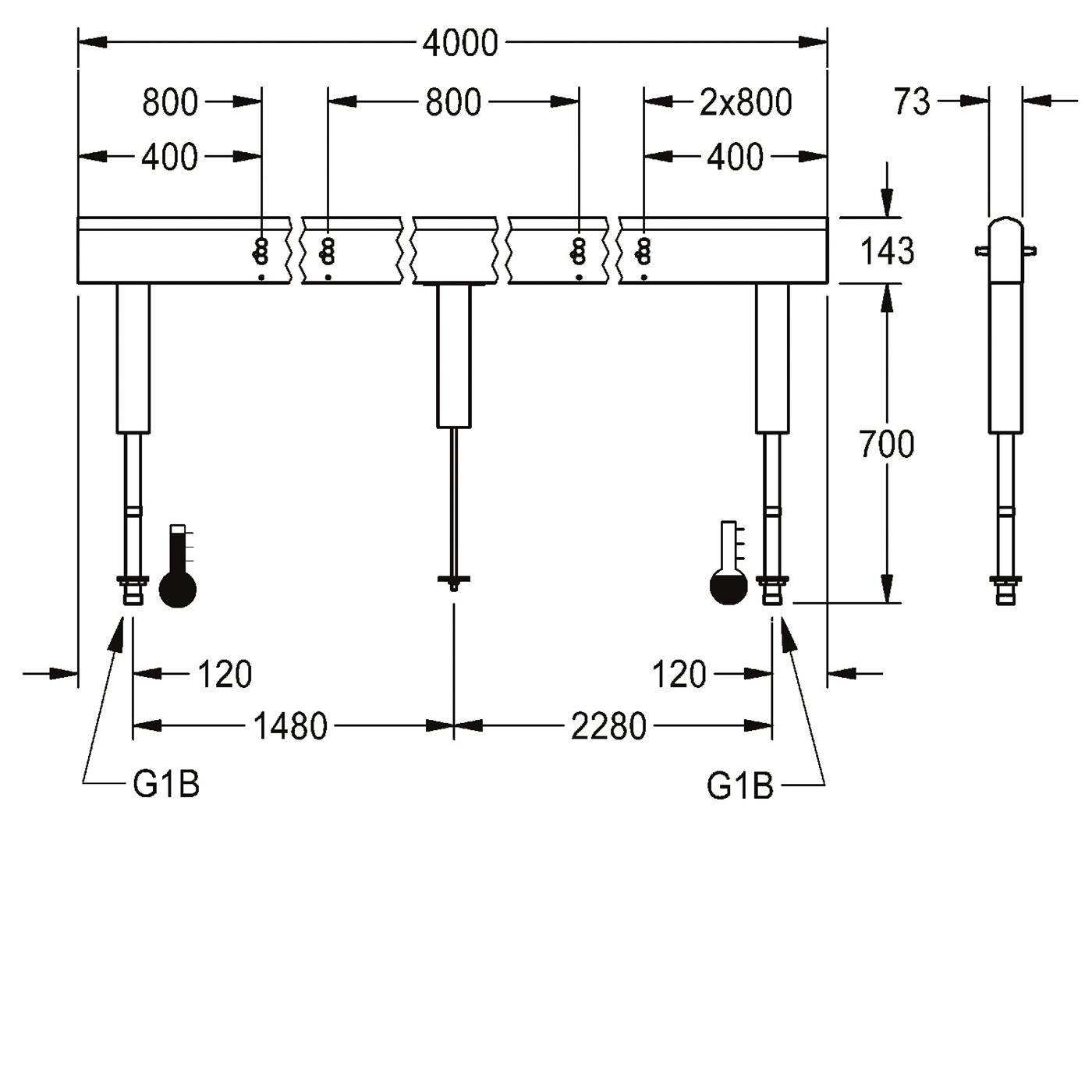 KWC Robinetterie, acier inoxydable, double rangée, 10 postes de lavage, 4000 mm, arrivée d'eau inférieure