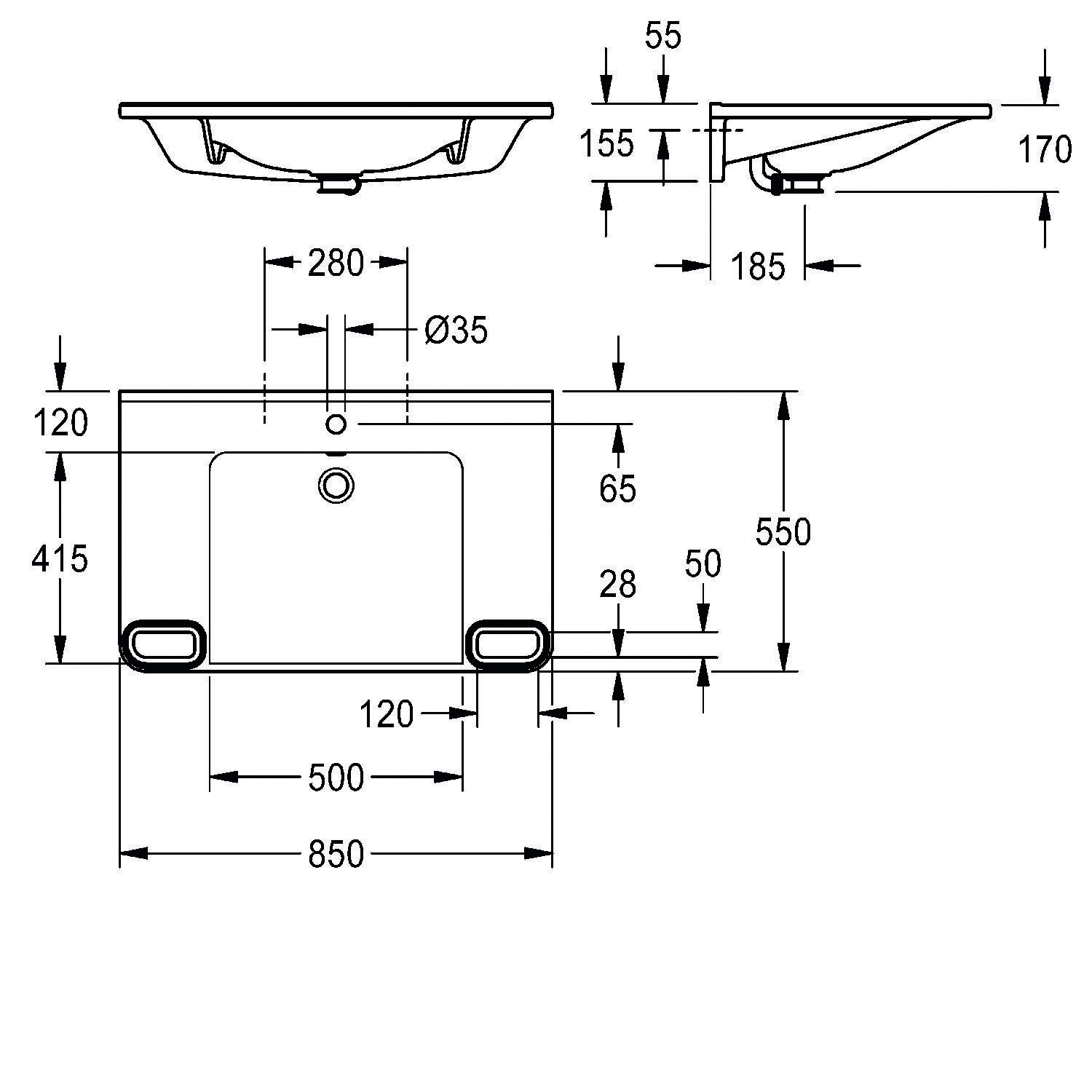 Technische Zeichnung eines rechteckigen Waschbeckens mit Maßen: 850 mm Breite, 500 mm Tiefe, 415 mm Höhe, mit Darstellung von Montagehalterungen und Ablaufpositionen.
