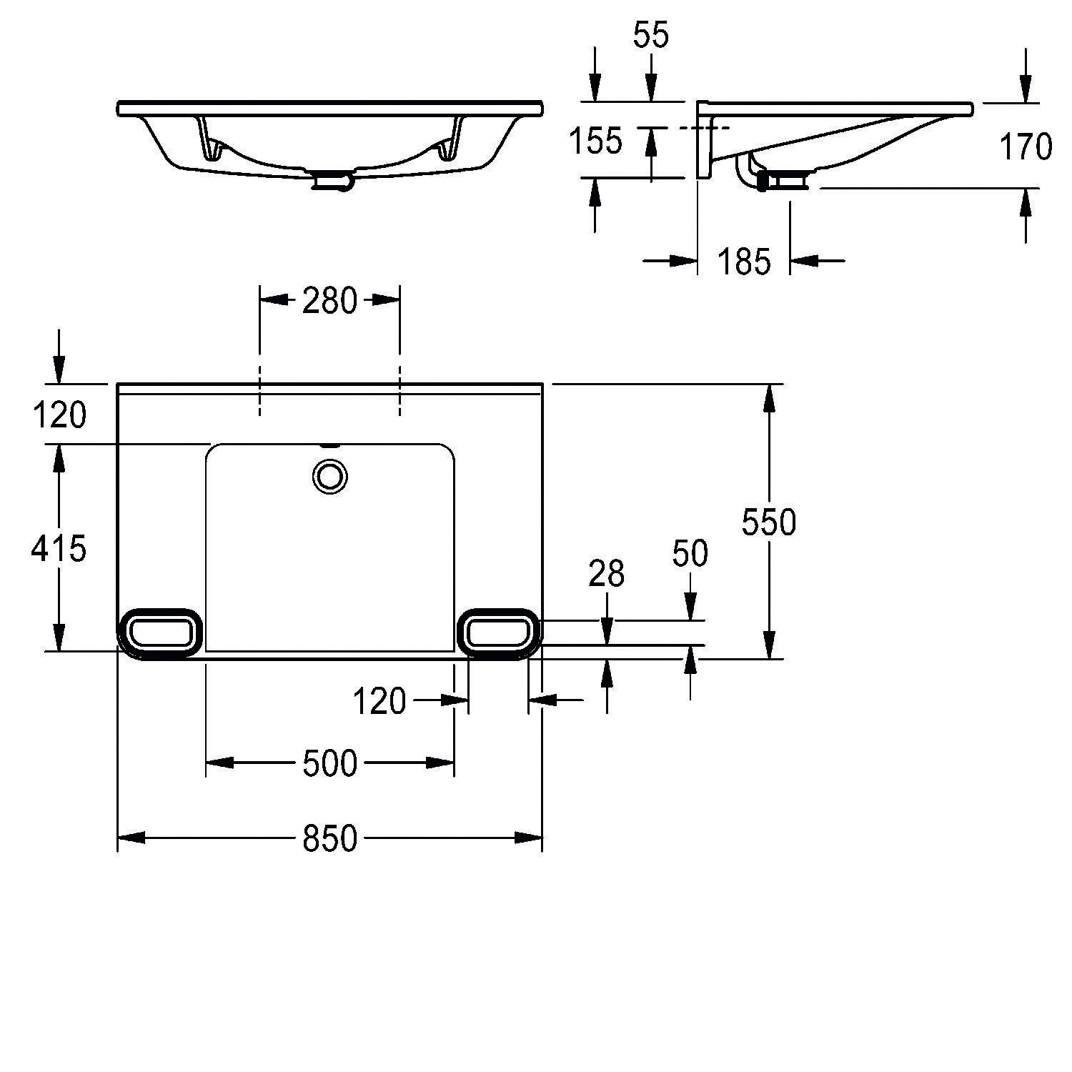 Technische Zeichnung eines rechteckigen Einbauwaschbeckens mit Seiten- und Frontansicht, mit Maßangaben: 850 mm Breite, 500 mm Tiefe, 550 mm Höhe.