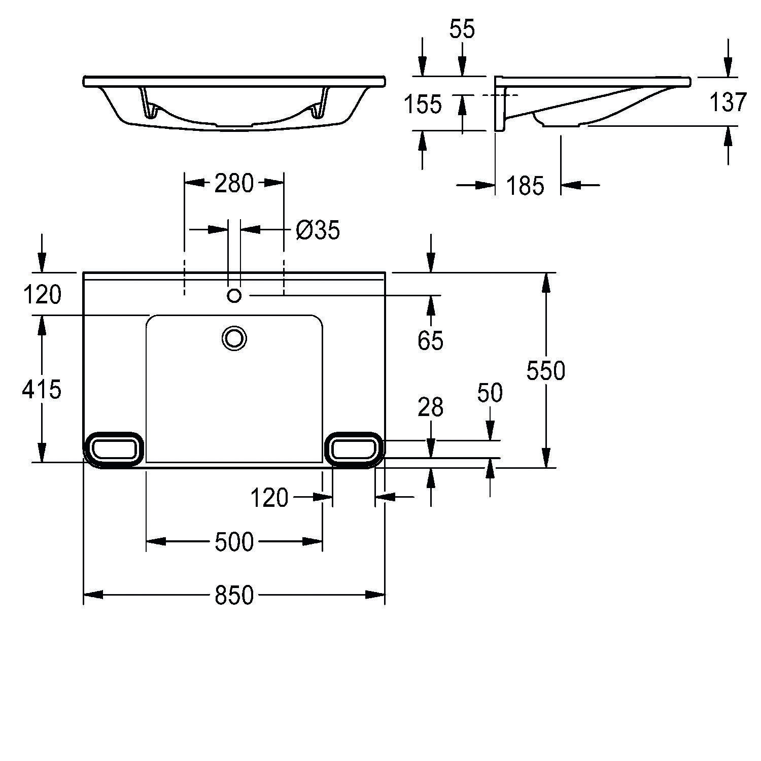 Diagramm eines Wandwaschbeckens mit Abmessungen: Breite 850 mm, Tiefe 415 mm, Beckentiefe 185 mm und Armaturloch-Durchmesser 35 mm.