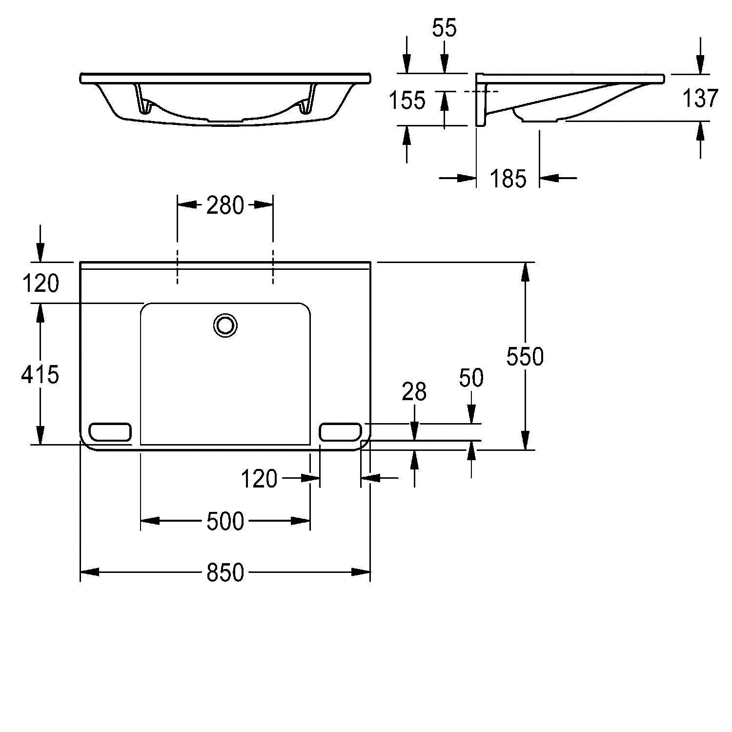 Technische Zeichnung eines Waschbeckens mit Abmessungen. Breite: 850 mm, Tiefe: 415 mm, Höhe: 137 mm. Merkmale umfassen Montageloch und Wasserhahnbereich.