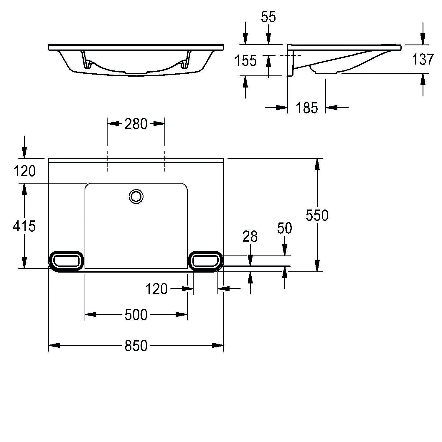 Technische Zeichnung eines Waschbeckens mit Abmessungen: Breite 850 mm, Tiefe 500 mm, Höhe 415 mm. Seiten- und Draufsicht mit detaillierten Maßangaben enthalten.