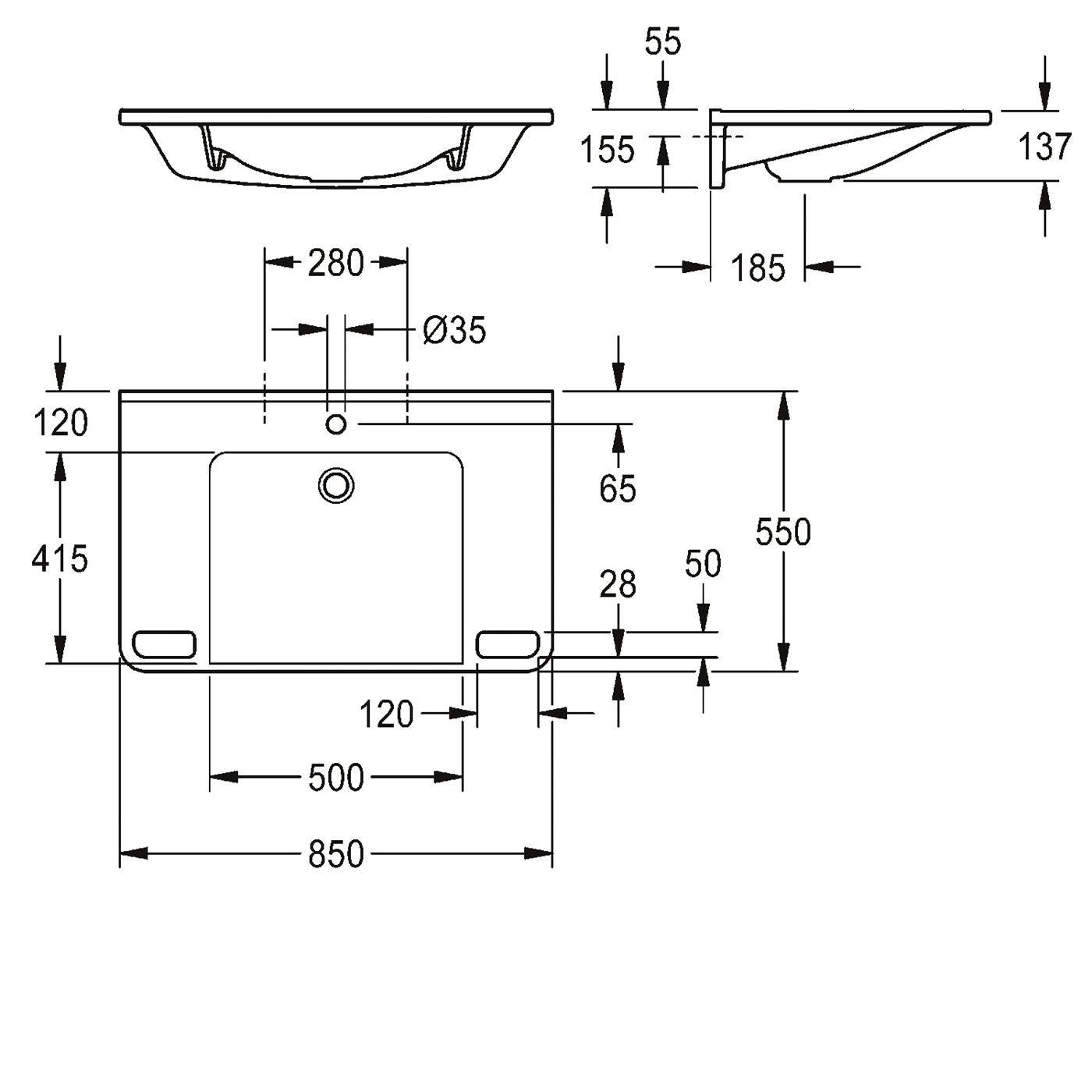 Lave-mains individuel KWC, MEDCARE, MIRANIT, 850x150x550 mm, blanc, perçage robinet, poignée