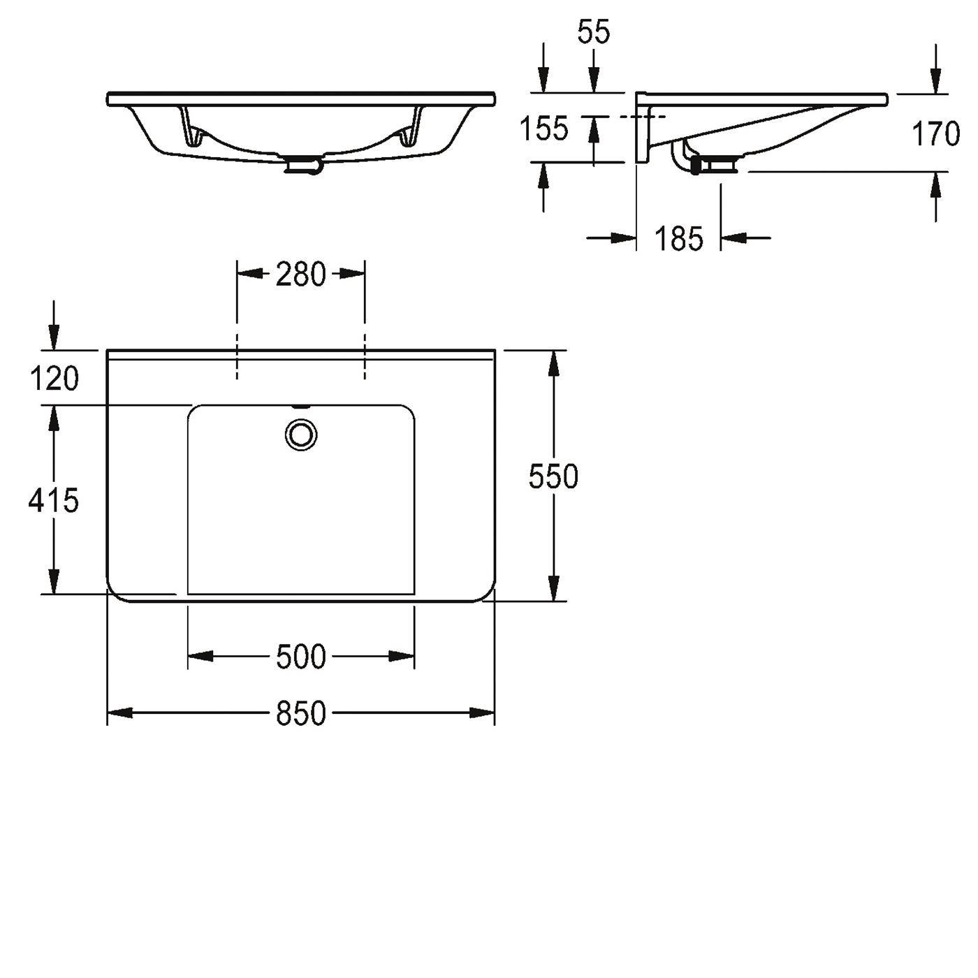 Technische Zeichnung eines rechteckigen Spülbeckens oder Waschbeckens mit Vorder- und Seitenansichten, die Abmessungen zeigen, einschließlich einer Breite von 850 mm, einer Höhe von 550 mm, einer inneren Breite von 500 mm und einer Tiefe von 170 mm.