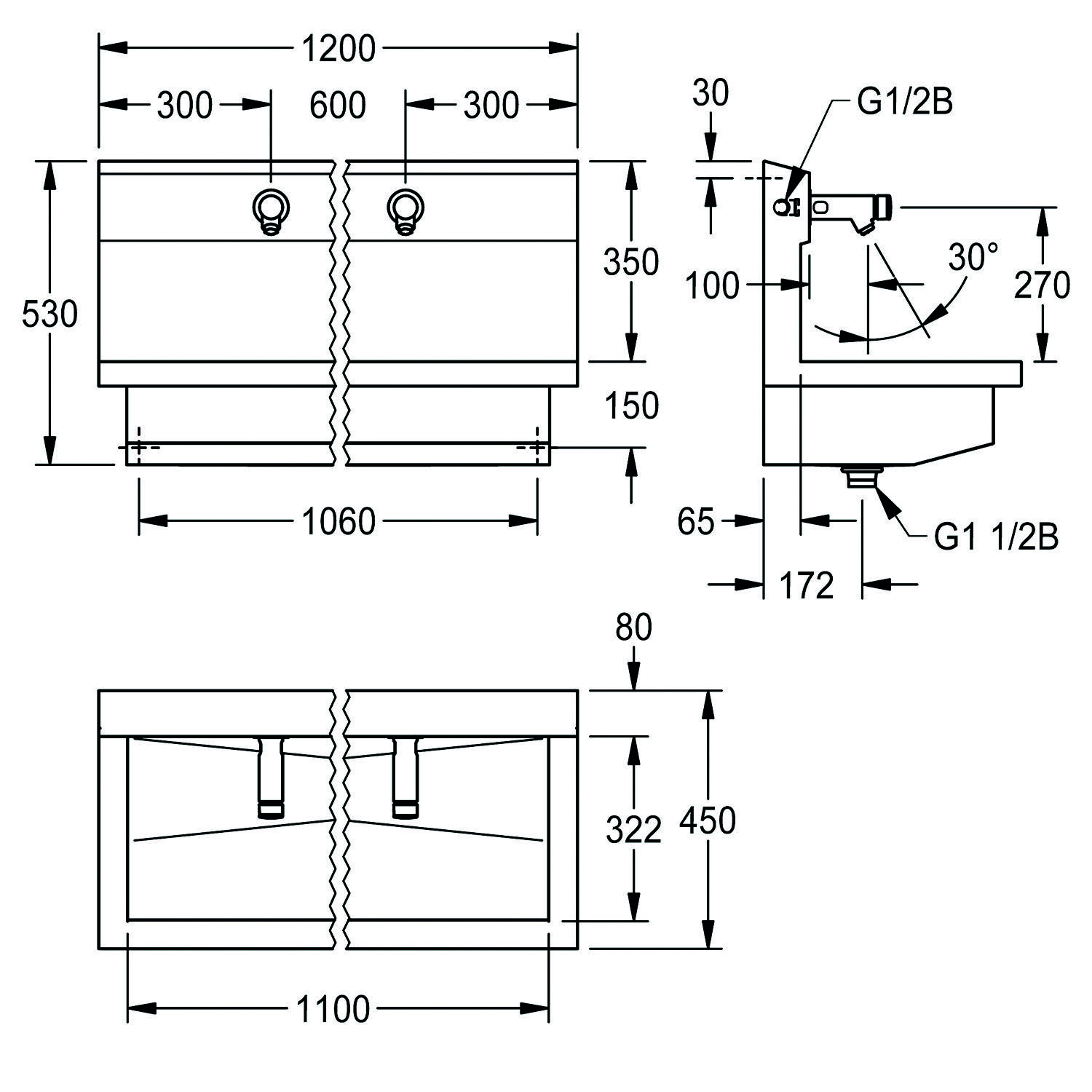 Technische Zeichnung eines Doppelwaschbeckens mit Abmessungen. Vorder- und Seitenansicht zeigen Maße: Breite 1200 mm, Tiefe 530 mm und Wasserhahnarmaturen-Positionen.