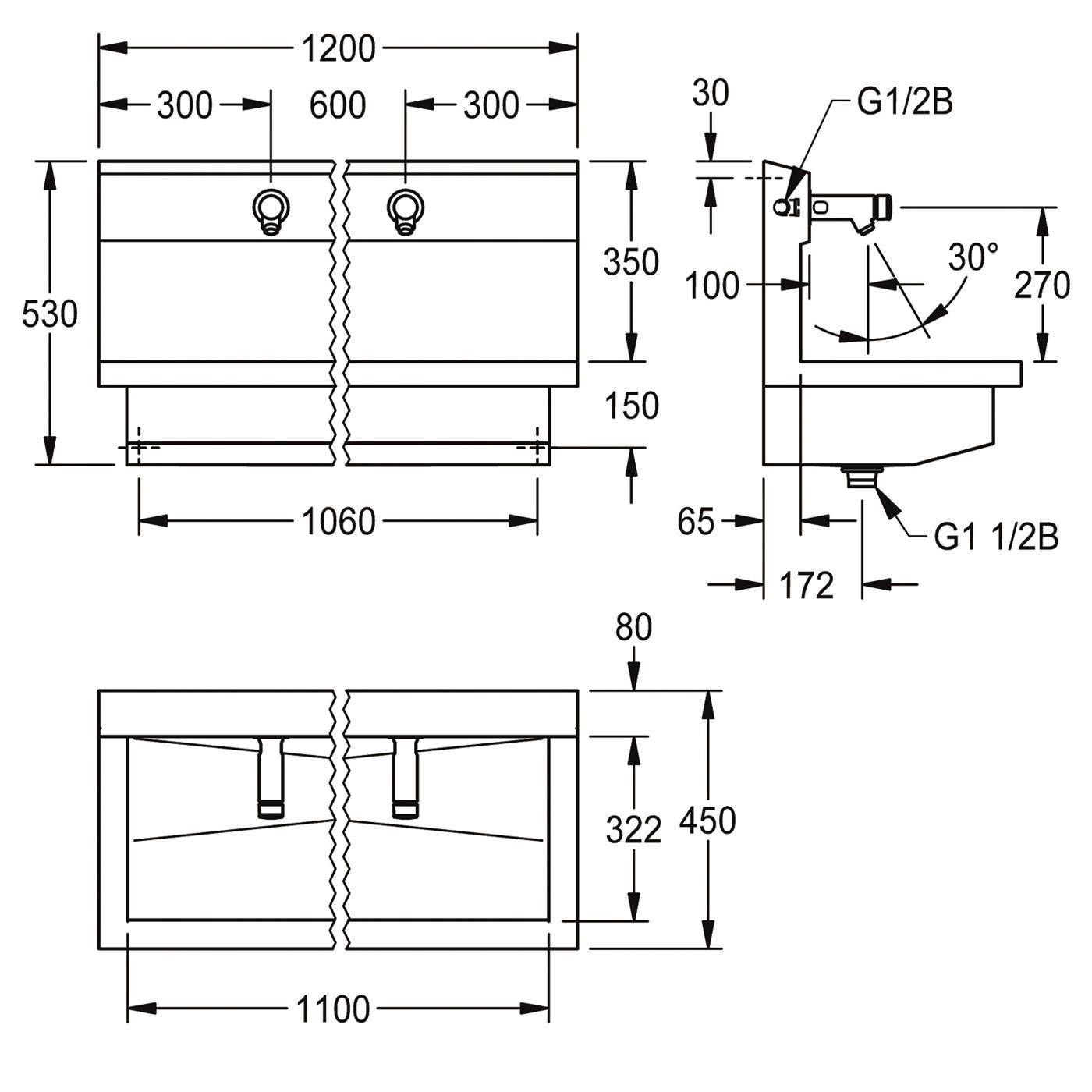 KWC Waschplatzeinheit, PLANOX, Edst, 1200x530x440 mm, 2xWandventil Hydr