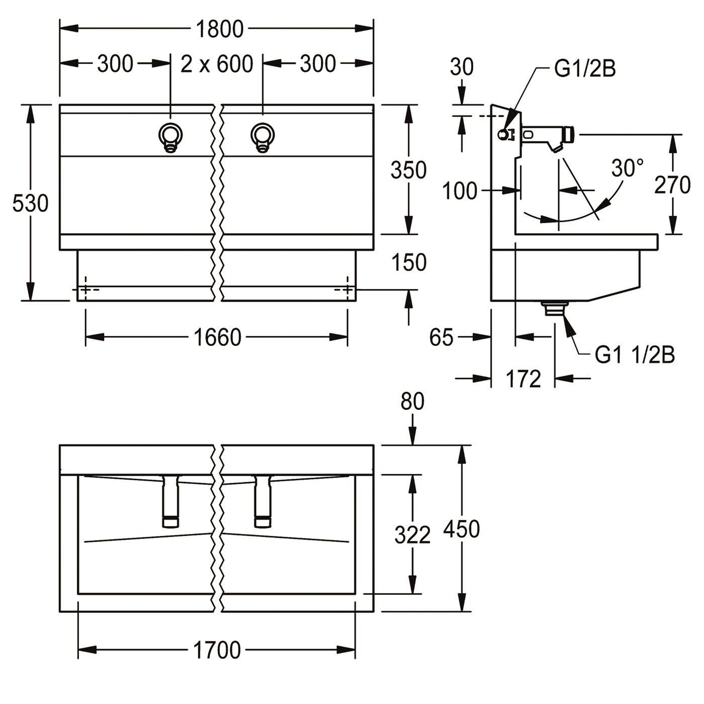 Technische Maßzeichnung eines wandmontierten Waschbeckens oder Beckens mit Vorder-, Seiten- und Draufsichten sowie Abmessungen, einschließlich 1800 mm Breite und 530 mm Höhe.